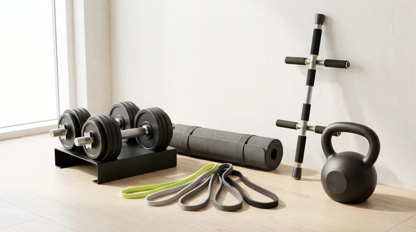 Adjustable dumbbells, resistance bands, an exercise mat, a doorway pull-up bar and a kettlebell on a wooden floor