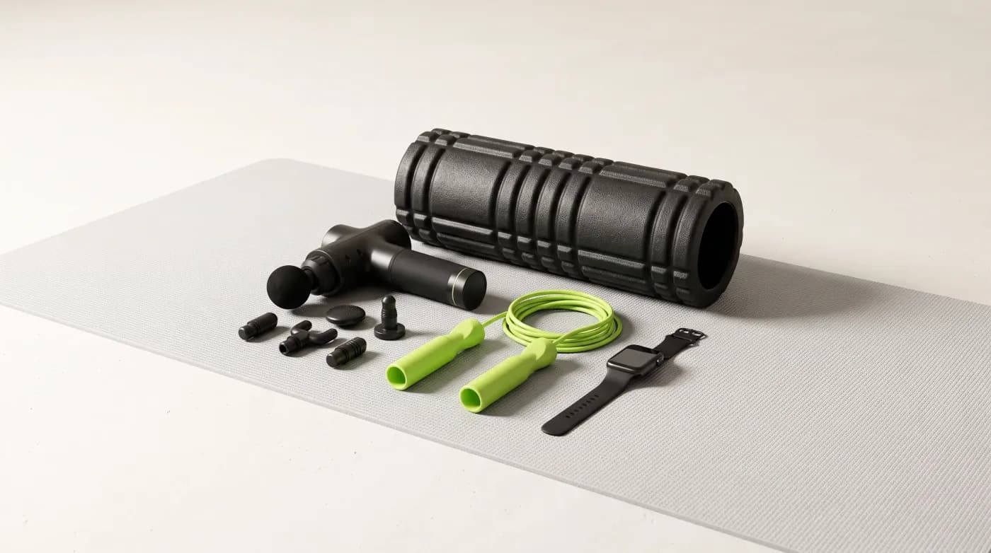 A foam roller, massage gun, skipping rope and fitness tracker on a grey mat: popular fitness gifts