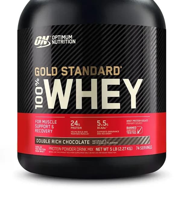 A tub of Optimum Nutrition Gold Standard 100% Whey, Double Rich Chocolate