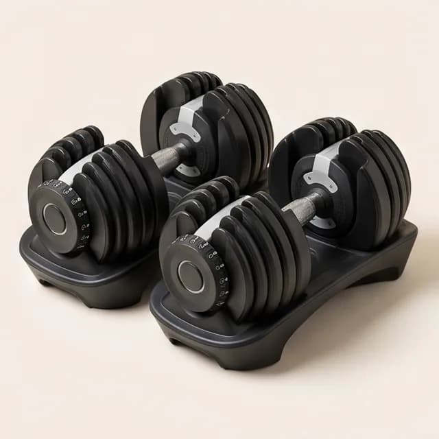 A pair of adjustable dumbbells in their trays
