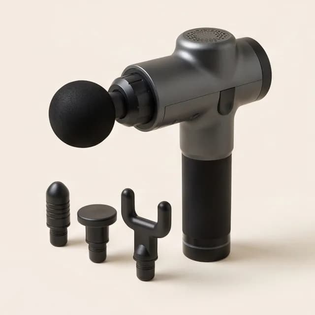 A percussion massage gun with spare heads