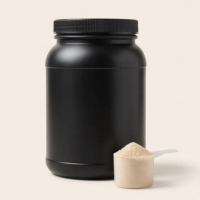 A plain protein powder tub with a scoop